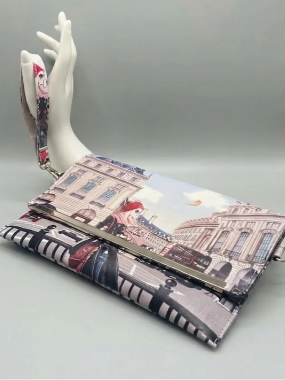 Cityscape Print FoldOver Wristlet Clutch in MultiColor illustrated European city